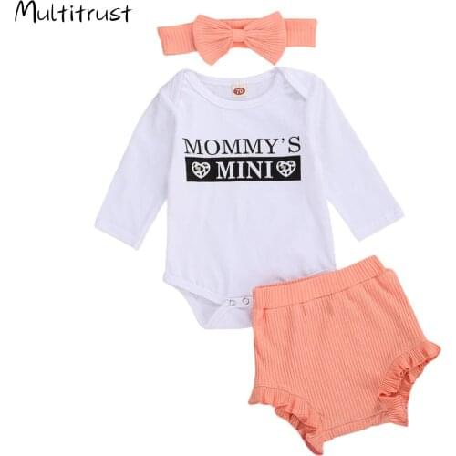 2020 Autumn Baby Girls Boys Clothes Sets Long Sleeve Letter Bodysuit Tops +Ruffles Shorts+ Headband 3pcs