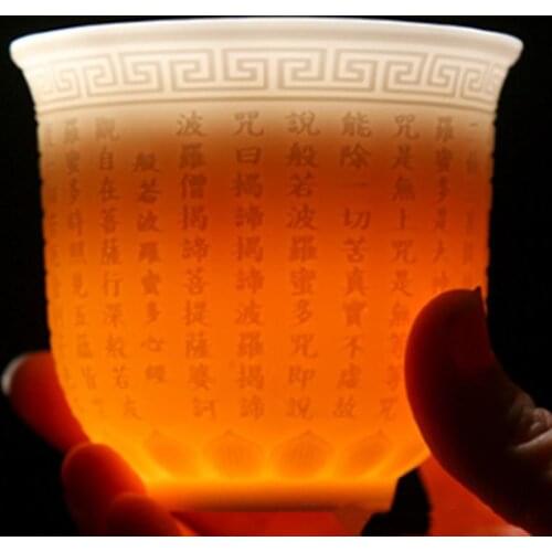 Floating Graven Tea Cup White Porcelain Suet Jade Images Heart Sutra Water Mug Personal Teacup Collection
