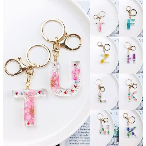Letter Pendant Real Dried Flower Letter Key Ring Bag Pendant Creative Gift Accessories Resin Cute Car Acrylic Glitter Key Chains