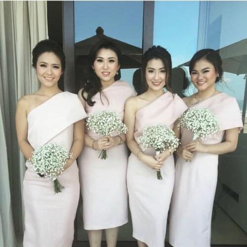 Light Pink Bridesmaid Dress A-Line One Shoulder Backless Satin Ankle Length Simple Wedding Party Gowns Custom Made New Arrivals