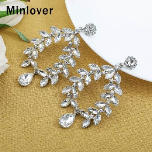 Minlover Unique Leaf Branch Crystal Dangle Earrings Wedding Jewelry Luxury Silver Color Bridal Pandent Earrings for Women EH1737