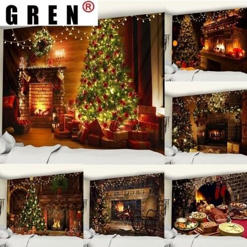 GREN Tapestry Wall Hanging Christmas FireplaceFabric Mural Background Cloth Wall Rugs Towel Beach Blanket Dorm Living Home Deco