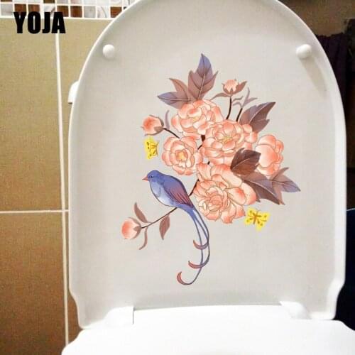 YOJA 18.4X23.6CM Peony Flower Bird Funny Cartoon Toilet Sticker Home Bedroom Wall Decor T1-1271