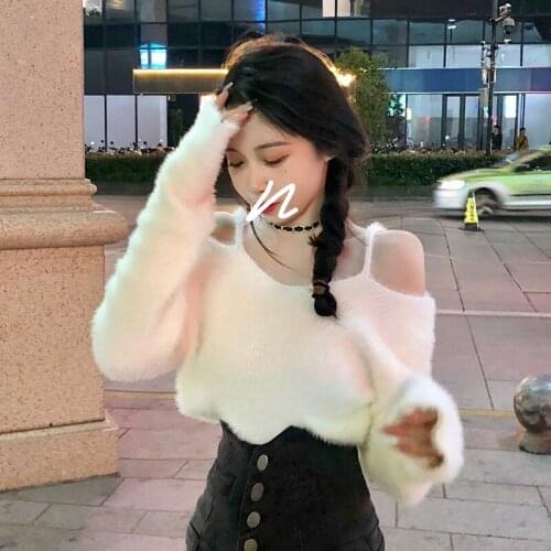 Off Shoulder Korean Style Slash Neck Womens Clothing Sweater Crop Top Pullovers Long Sleeve Autumn Winter Female Fashion Brand