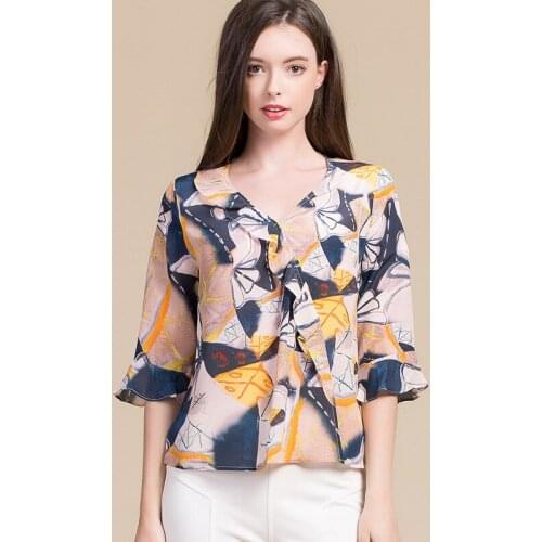 2019 Summer New Heavy Silk T-Shirt Womens Loose Lotus Leaves Shirt 100% Silk 16Mm Printed Shirts