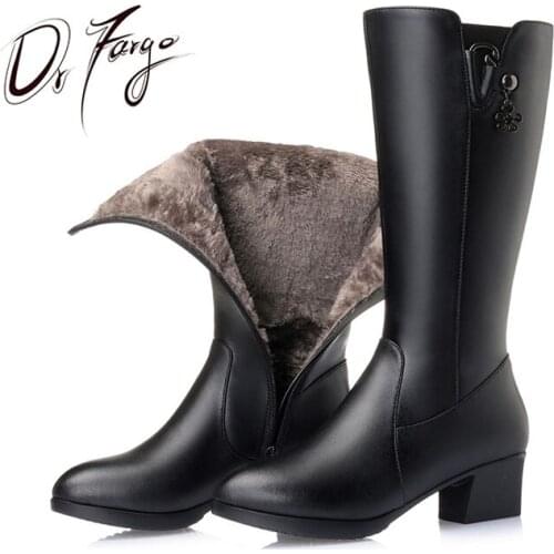 DRFARGO Genuine Leather Winter Shoes Women Warm Short Plush Med Square High Heel Black Zipper Boots plus big size 35 42 43 6082