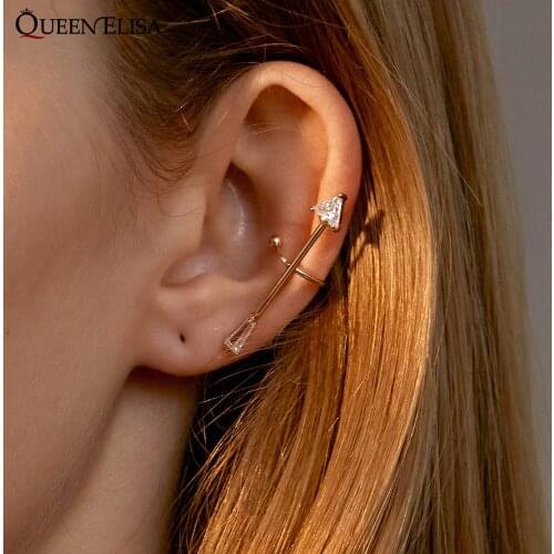 QUEEN ELISA Arrow Ear Clips No Pierced for Women Men Gold Zircon Ear Cuff 1PCS No Piercing Fake D'oreille Cartilage Earrings