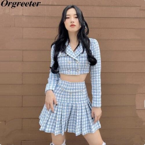 Sweet Blue Plaid Tweed Two piece Sets Women Ensemble Femme 2021 Fall New Cropped Coat +Pleated Mini Skirt Y2k Fashion Suits