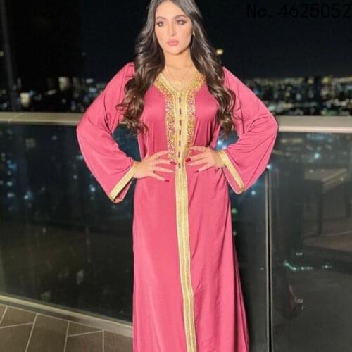 Ramadan Eid Pink Maxi Dress For Women Modest Muslim Turkey Arabic Dubai Diamond Ribbon V Neck Long Sleeve Jalabiya 2021