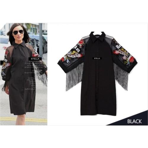 2021 New Woman Plus Size Black Casual Shirt Dress 3/4 Mesh Sleeves Eagle Embroidery Fringe Ladies Midi Straight Party Dress Robe