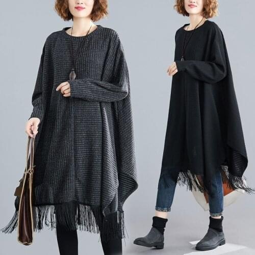 Extra large Size Women Dress Autumn Spring Loose Vintage Long Sleeve Irregular Tassel Female Knitting Dress Casual Vestido f2880