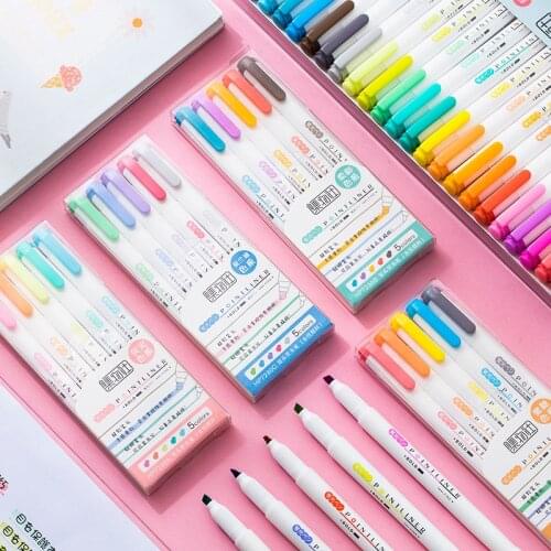 5pcs Dual-side [Wow] Fluorescent Point Mildliner Pen Soft Touch Fine Line Bold Marker Art Supplies Drawing Pens Highlight H6011