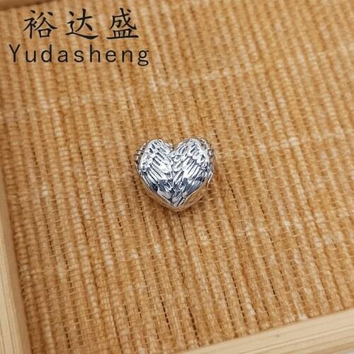 925 Sterling Silver Love Heart-shaped Angel Feather Wings Charm Beaded with Bumpy Texture Details