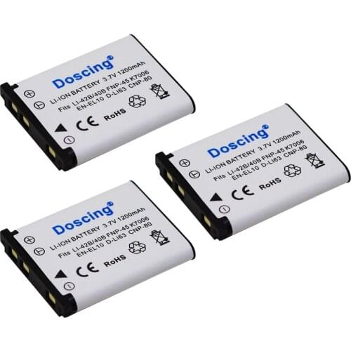 Doscing 3Pcs 1200mAh Li-42B EN-EL10 FNP-45 D-Li63 CNP-80 LI-40B Rechargeable Battery for Nikon for OLYMPUS for FUJIFILM Camera