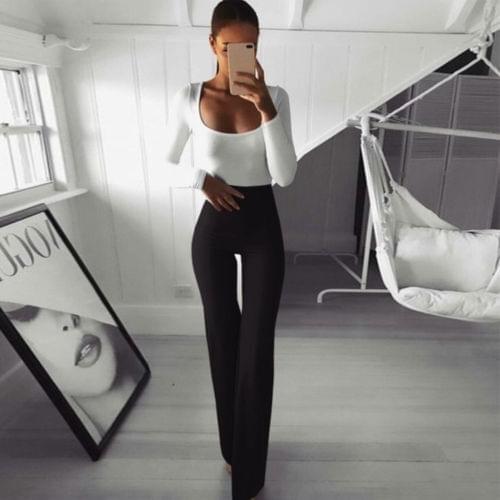 Womens Pants Trouser Solid High Waist Long Bell-Bottom Pants Elastic Band Casual Trousers Slim Pants for Female