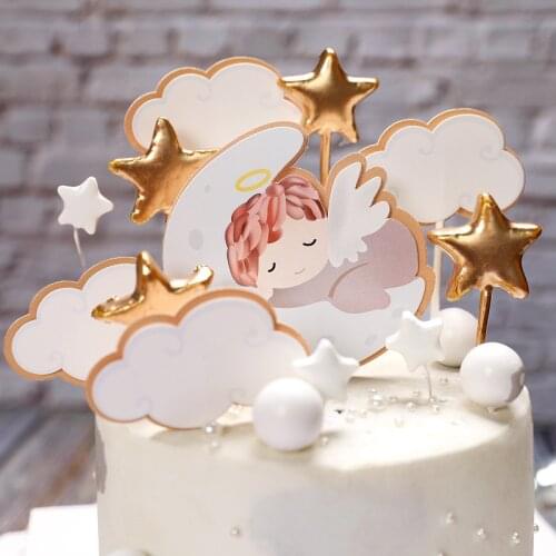 Baby Happy Birthday Cupcake Topper Cute Clouds Moon Cake Topper Flags For Baby Shower Girls Kids Birthday Party Cake Decorations