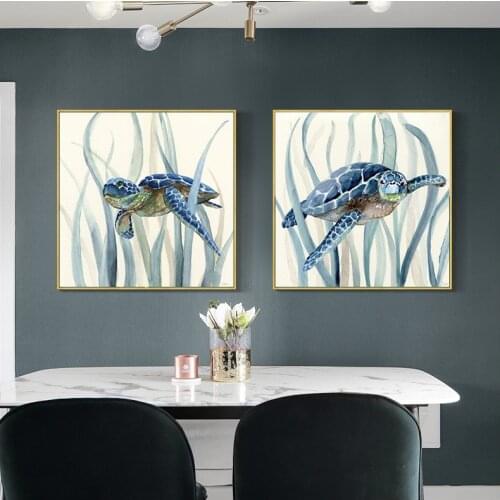 Tortoise Fish Animal Canvas Oil Painting Abstract Blue Wall Art Poster and Prints Living Room Home Decorative Modular Picture