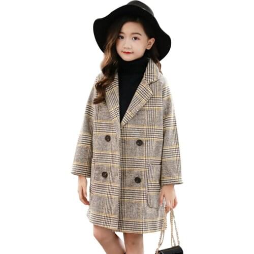 Winter Coat For Girls Thick Woolen Jacket For Girls Fashion Plaid Kids Outerwear Autumn England Teenage Clothes For Girls School