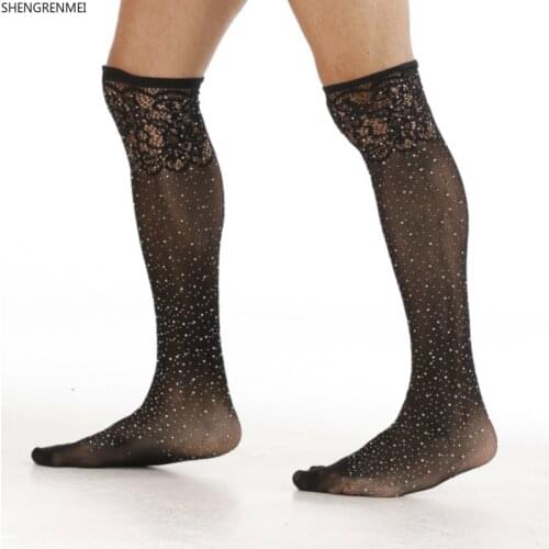 SHENGRENMEI Mens Sexy Stockings Rhinestone Thigh High Stocking Fishnet Men Over Knee Male Stockings Hosiery for Gay Sissy Male