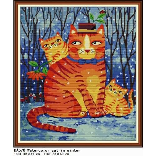 Watercolor Cat In Winter Stamped Cross Stitch Kit Embroidery Patterns 11CT 14CT Counted Thread Canvas Needlework Home Decoration
