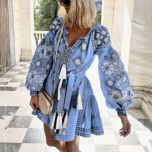 2019 Autumn Women Floral Dress Boho Long Sleeve Clothes Ladies V Neck Sundress Holiday Party Dress Belt Waist Bohemian Dresses