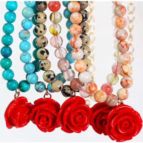 SAY Coral Flower Charm Pendant Turquoises Dalmatian Jasper Watermelon Quartz Red Network Stone Bijoux Femme Choker Necklace