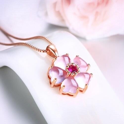 Romantic Rose Gold Flower Pendant Necklace Heart-shape Pink Crystal Hibiscus Stone Pendants Sweet Cute Jewelry For Women
