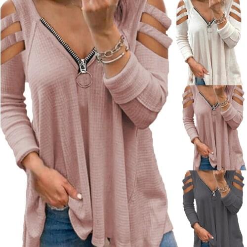 Sexy V Neck Long Sleeve T-Shirt Blouse Long Sleeve Loose Cotton Blend Women Hollow Out Cold Shoulder T-shirt Top for Spring