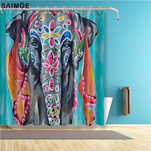 Zoo Series, Bath Curtain with 12 Plastic Hooks, Durable Waterproof Fabric, Coloured Elephant Print