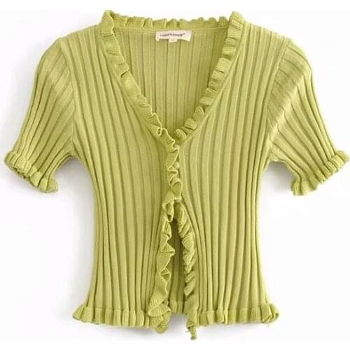 ShesModa Summer New Knitted Tee Open Short Sleeve Top