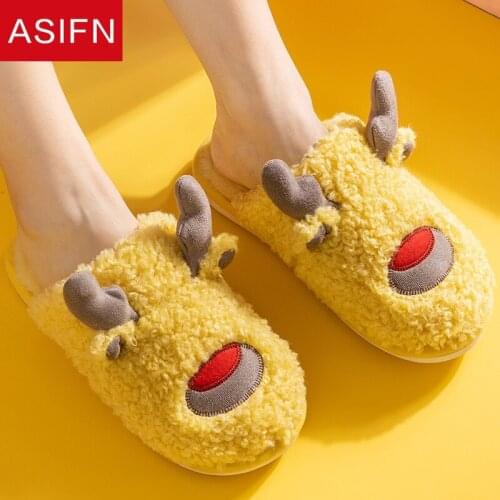 ASIFN Cute Elk House Cotton Women Slippers Deer Home Indoor Animal Winter Mules Thick-soled Men Plush Slippers Zapatos De Mujer