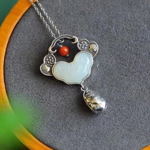 Lucky Ruyi Chinese Style Classical Riluo S925 Sterling Silver Womens Retro Style Hetian Jade Small Lock of Good Wishes Choker W