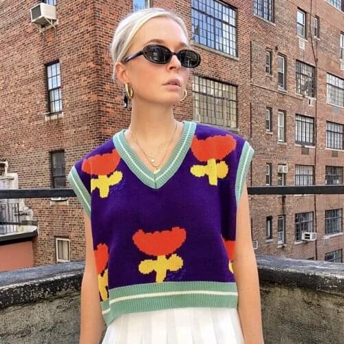 Foridol vintage flower v neck sweater vest women sleeveless pullovers casual chic purple vest autumn winter new 2020