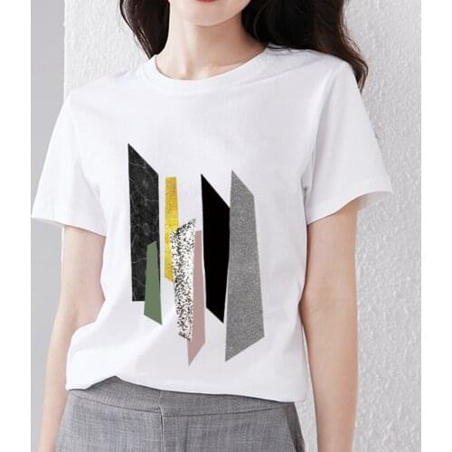 Womens Casual Slim T-shirt White Basic Fashion Top Design Geometric Commuter Pattern Print Round Neck Ladies Short Sleeve Top