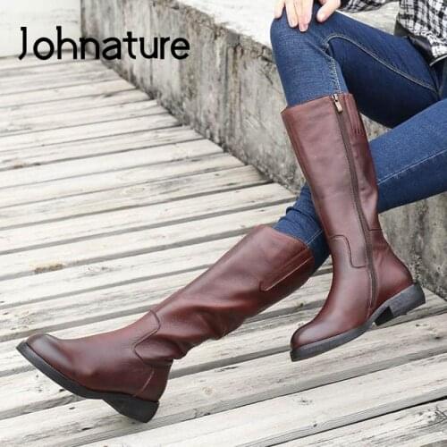 Johnature Shoes Women Boots Genuine Leather 2020 New Winter Fashion Round Toe Zip Sewing Leisure Handmade Concise Platform Boots