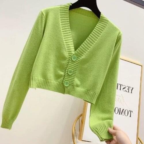LJSXLS Knitted V neck Womens Sweater Spring Autumn Cardigan For Women Short Crop Sweaters Korean Casual Long Sleeve Tops Femme