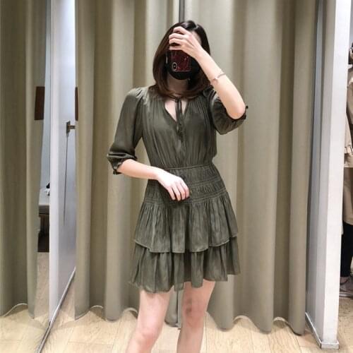 Womens Army Green V Neck Dress Lace Slim High Waist Cascading Ruffled Elegant Party Dress Women