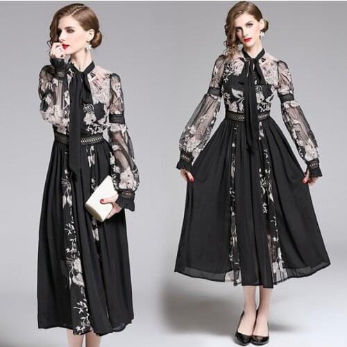 New Summer Women Elegant Bow Collar Pink Rose Flower Embroidery Feather Vintage Mesh Patchwork Evening Party Long Dress
