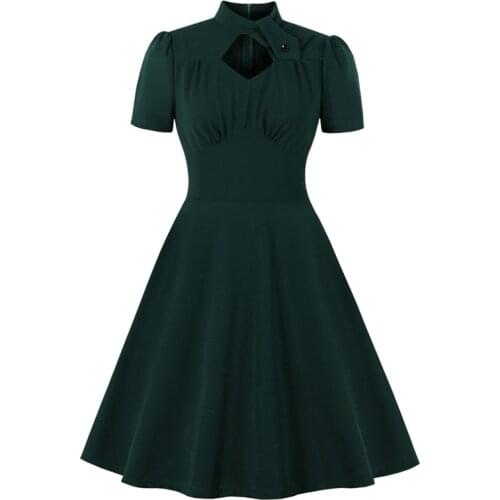 Green Swing Dresses Twist Stand Collar Cut Out Front Party High Waist Ruched Dress Pocket Side Elegant 1950s Vintage Women Dress