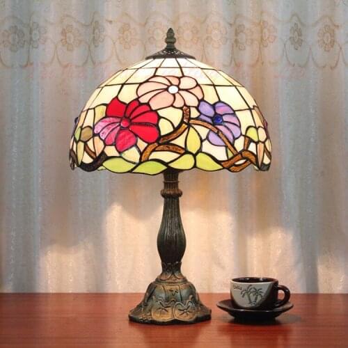 12 Inch Flesh Country Flowers Tiffany Table Lamp Country Style Stained Glass Lamp for Bedroom E27 110-240V