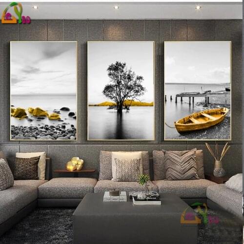 3 Pcs Diamond Embroidery Yellow Retro Seaside Scenery DIY Full Diamond Painting Nordic Boat Seascape Wall Art Modern Home Decor