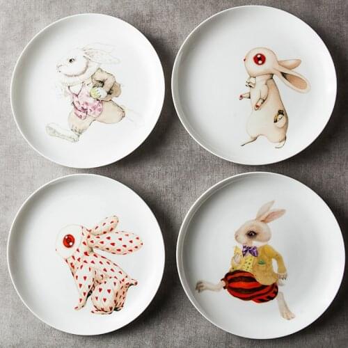 8 Inch Ceramic Dishes & Plates Round Rabbits Printed In-glazed Decoration Character Cute Kid Breakfast Fruit Dish Creative Plate