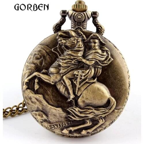 Antique Emperor Napoleon Pocket Watch Ride Horse Bronze Quartz Pocket Fob Watches Necklace Pendant Men Gift Relogio De Bolso New