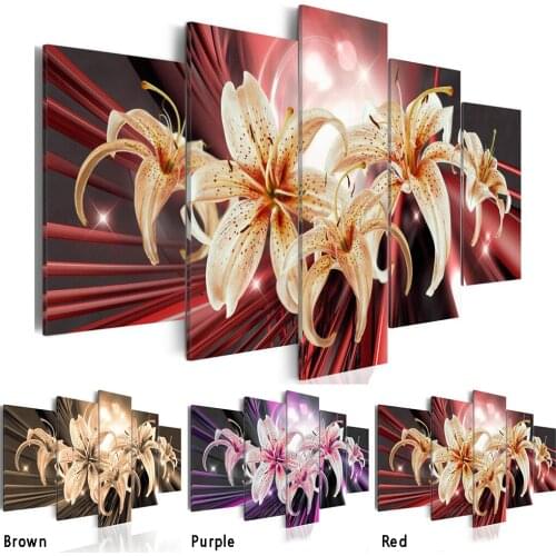 No Frame)5PCS/Set Fashion Wall Art Canvas Painting Brown Purple Red Violet Flower Modern Home Decoration,Choose Color:3 And Size