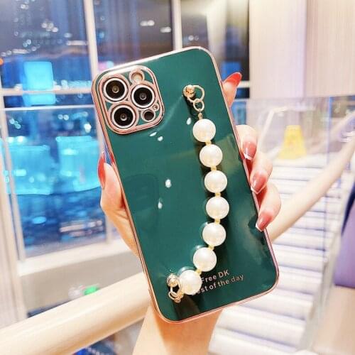 6D Plating Pearls Wrist Strap Case For Samsung S21U S20FE A52 A72 Note20 Plus S20 Ultra Not 10 Lite Hanging Chain Caese Capa