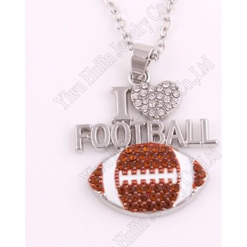 Zinc Alloy Colorful Crystal Engraved Word I Love Football Sports Pendant Necklace Jewelry