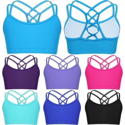 Kids Girls Ballet Dancewear Solid Color Criss Cross Back Tanks Bra Tops Dance Crop Top Children Ballet Dance Workout Clothes Top
