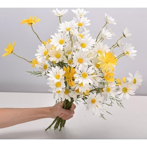 5 Head White Daisy Artificial Flowers Long Branch Bouquet for Home Wedding Garden Decoration DIY Bridal Fabric Fake Flower