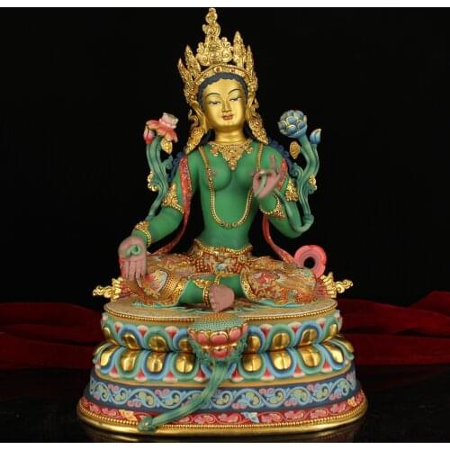 15"Nepal temple collection Old purple Bronze Real gold mosaic Gem Green Tara Guanyin Bodhisattva Enshrine the Buddha