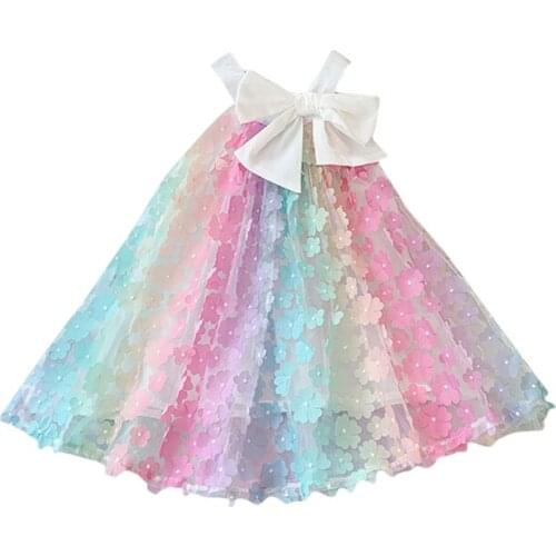 Lovely Baby Girl Sleeveless Dress Cute Bow Front 3D Flower Rainbow A Line Dress with Bow Princess Girls Casual Dresses